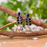 Black Stone Studded Oxidised Earrings With Hanging Jhumki
