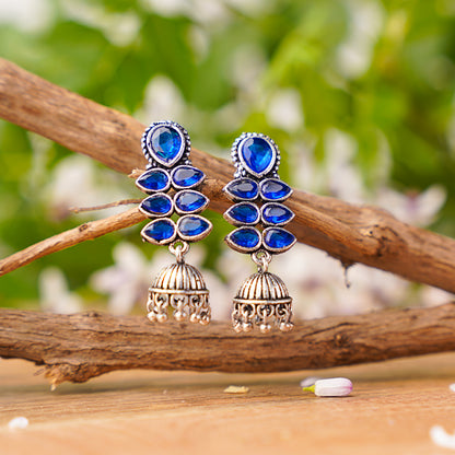 Blue Stone Studded Oxidised Earrings With Hanging Jhumki