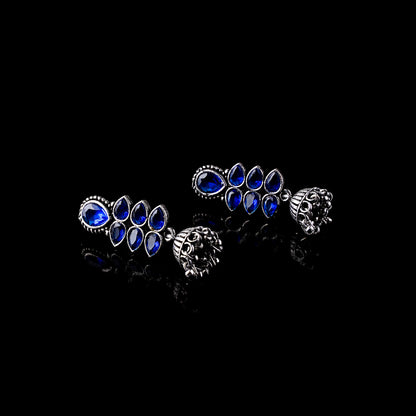 Blue Stone Studded Oxidised Earrings With Hanging Jhumki