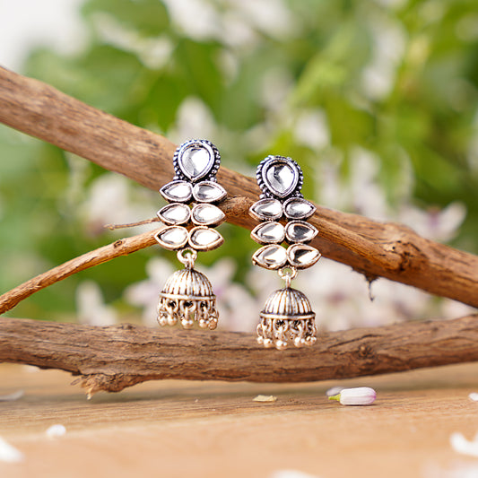 White Stone Studded Oxidised Earrings With Hanging Jhumki