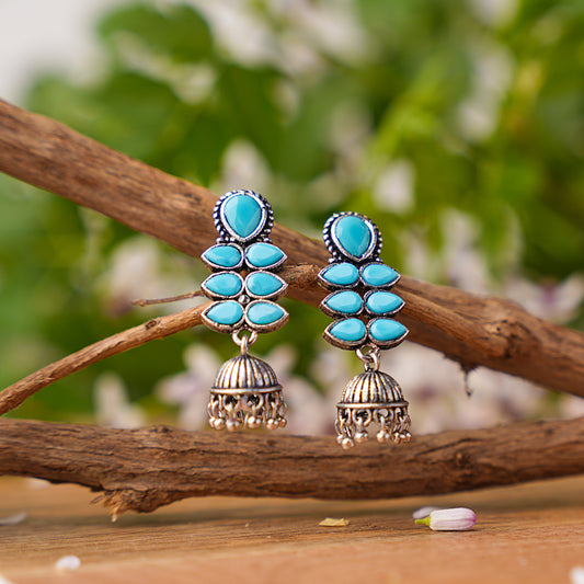 Sky Blue Stone Studded Oxidised Earrings With Hanging Jhumki