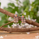 Light Orangish Stone Studded Oxidised Earrings With Hanging Jhumki