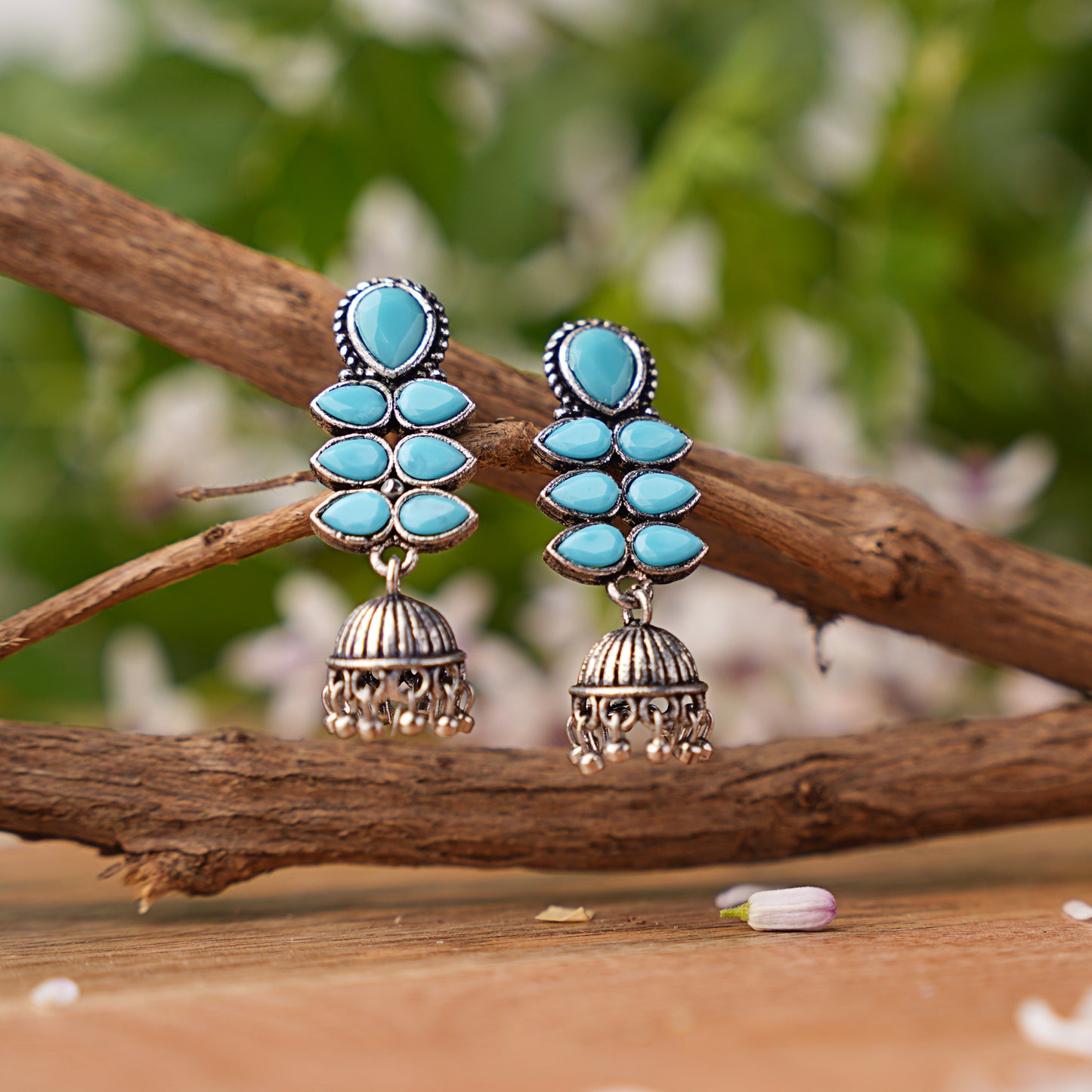 Mint Stone Studded Oxidised Earrings With Hanging Jhumki