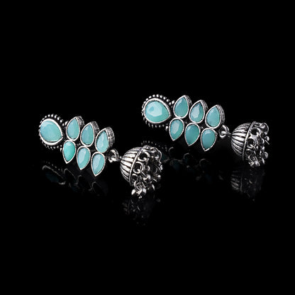 Mint Stone Studded Oxidised Earrings With Hanging Jhumki