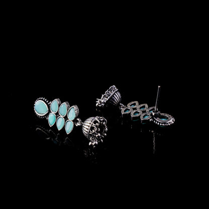 Mint Stone Studded Oxidised Earrings With Hanging Jhumki