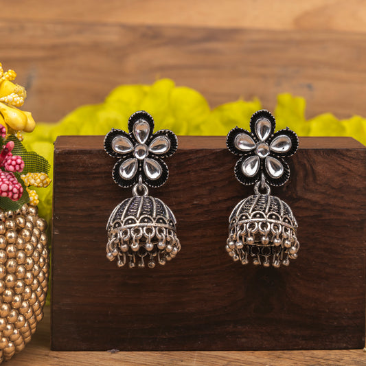 White Stone Studded Beautiful Oxidised Earrings With Hanging Jhumki