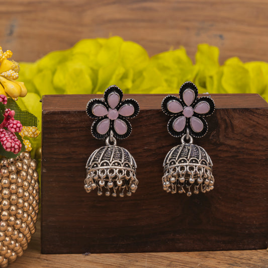 Baby Pink Stone Studded Beautiful Oxidised Earrings With Hanging Jhumki