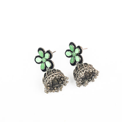 Pista Stone Studded Beautiful Oxidised Earrings With Hanging Jhumki