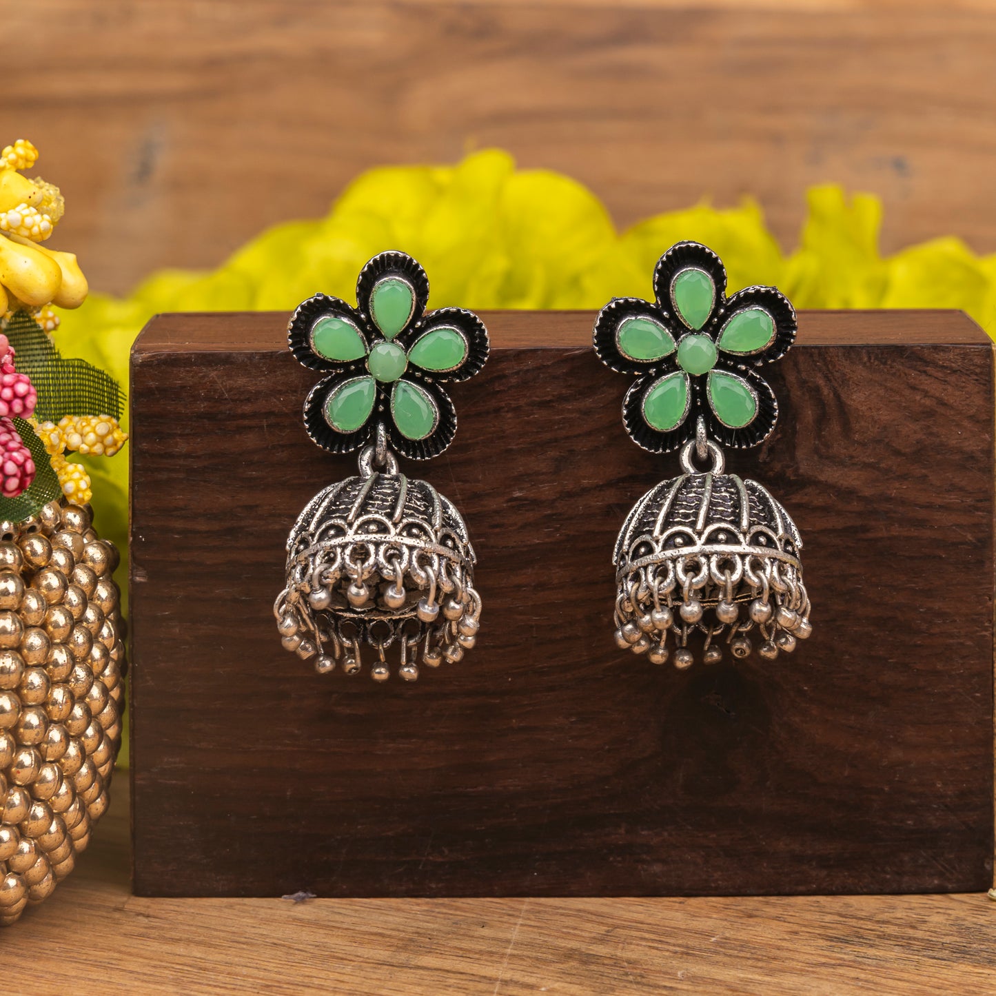 Pista Stone Studded Beautiful Oxidised Earrings With Hanging Jhumki