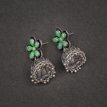 Pista Stone Studded Beautiful Oxidised Earrings With Hanging Jhumki