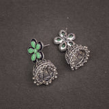 Pista Stone Studded Beautiful Oxidised Earrings With Hanging Jhumki