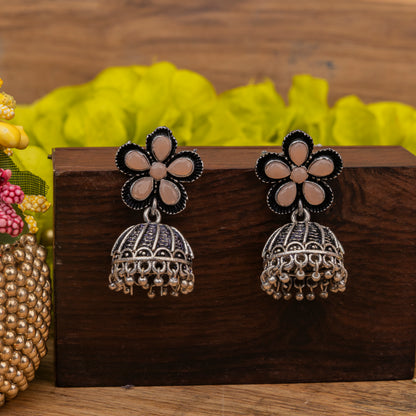 Light Orangish Stone Studded Beautiful Oxidised Earrings With Hanging Jhumki