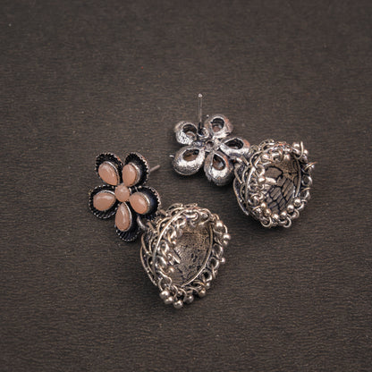 Light Orangish Stone Studded Beautiful Oxidised Earrings With Hanging Jhumki