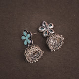 Mint Stone Studded Beautiful Oxidised Earrings With Hanging Jhumki