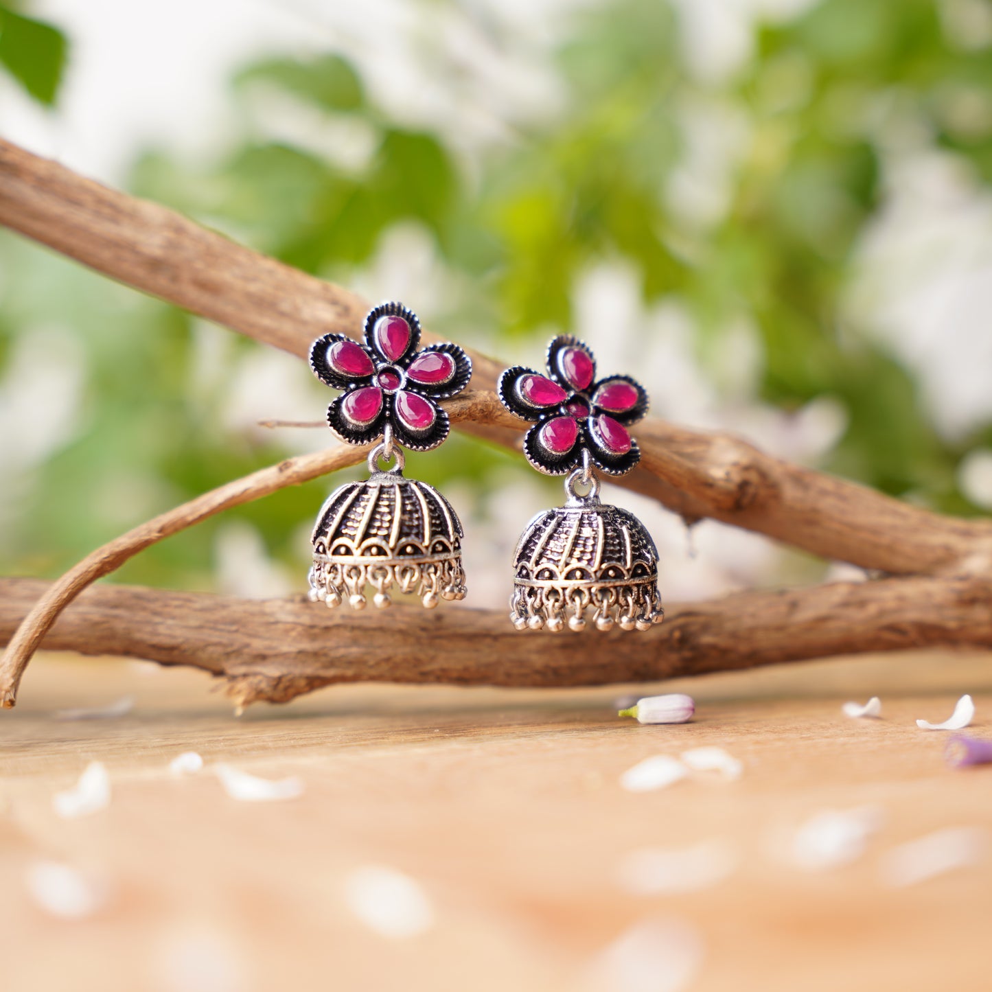 Red Stone Studded Beautiful Oxidised Earrings With Hanging Jhumki