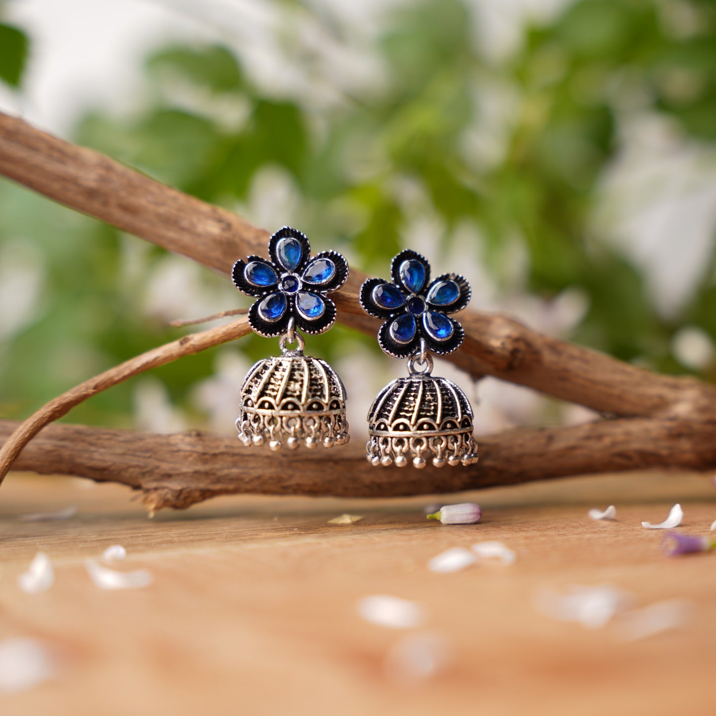 Blue Stone Studded Beautiful Oxidised Earrings With Hanging Jhumki