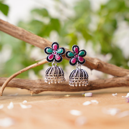 Multicolored Stone Studded Beautiful Oxidised Earrings With Hanging Jhumki