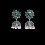 Green Stone Studded German Silver Jhumki Earrings With Hanging Pearls