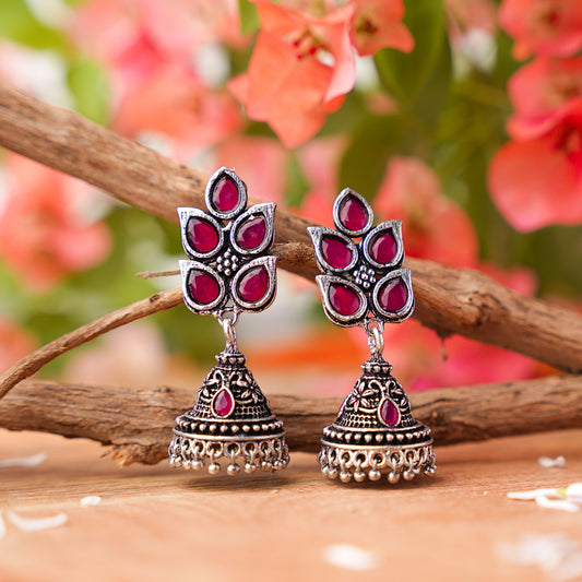 Red Stone Studded Conical Oxidised Jhumki Earrings