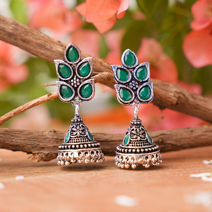 Green Stone Studded Conical Oxidised Jhumki Earrings