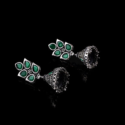 Green Stone Studded Conical Oxidised Jhumki Earrings