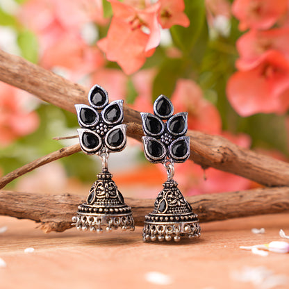 Black Stone Studded Conical Oxidised Jhumki Earrings