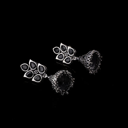 Black Stone Studded Conical Oxidised Jhumki Earrings