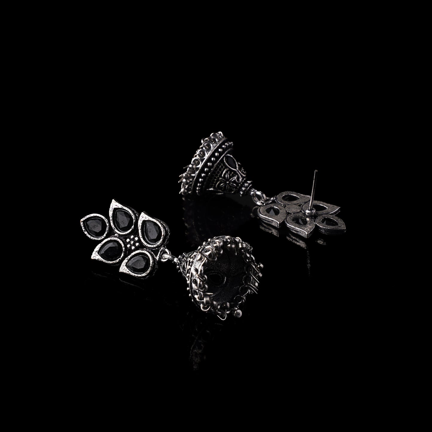 Black Stone Studded Conical Oxidised Jhumki Earrings