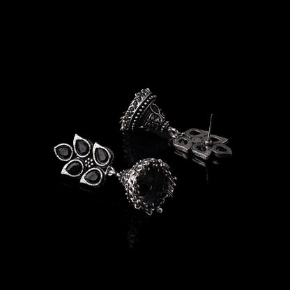 Black Stone Studded Conical Oxidised Jhumki Earrings