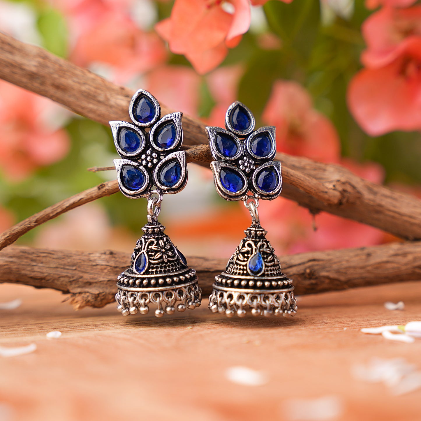 Blue Stone Studded Conical Oxidised Jhumki Earrings