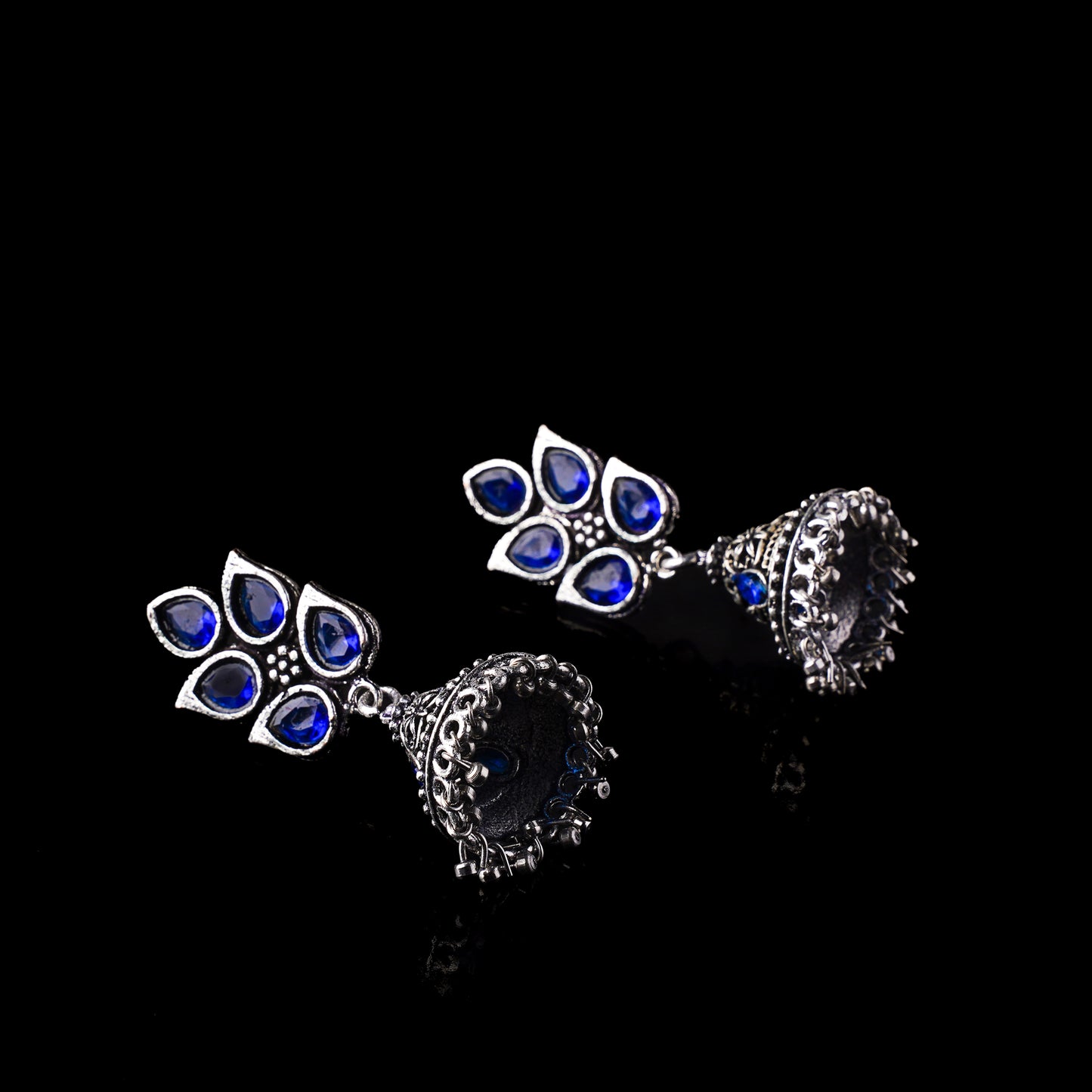 Blue Stone Studded Conical Oxidised Jhumki Earrings