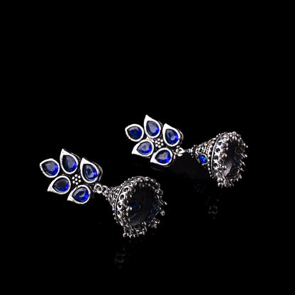 Blue Stone Studded Conical Oxidised Jhumki Earrings