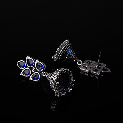 Blue Stone Studded Conical Oxidised Jhumki Earrings