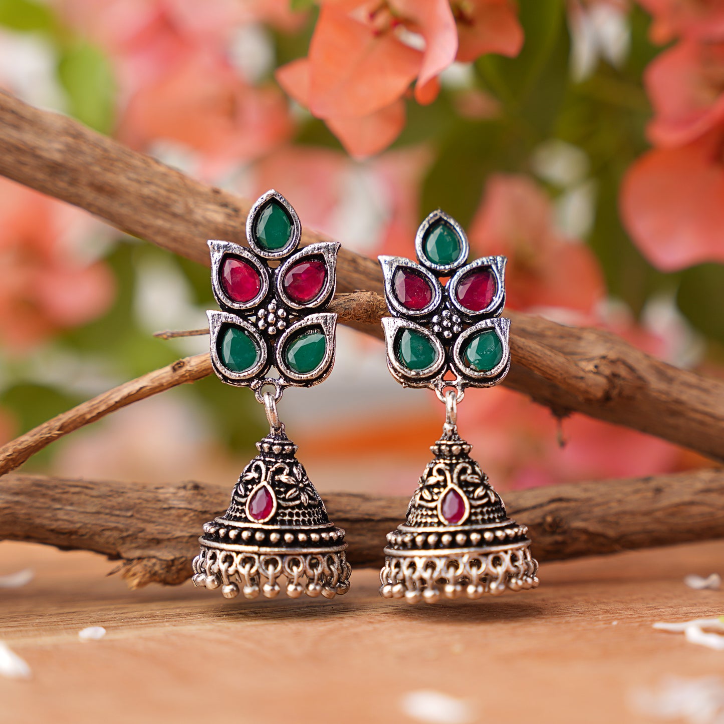 Multicolored Stone Studded Conical Oxidised Jhumki Earrings