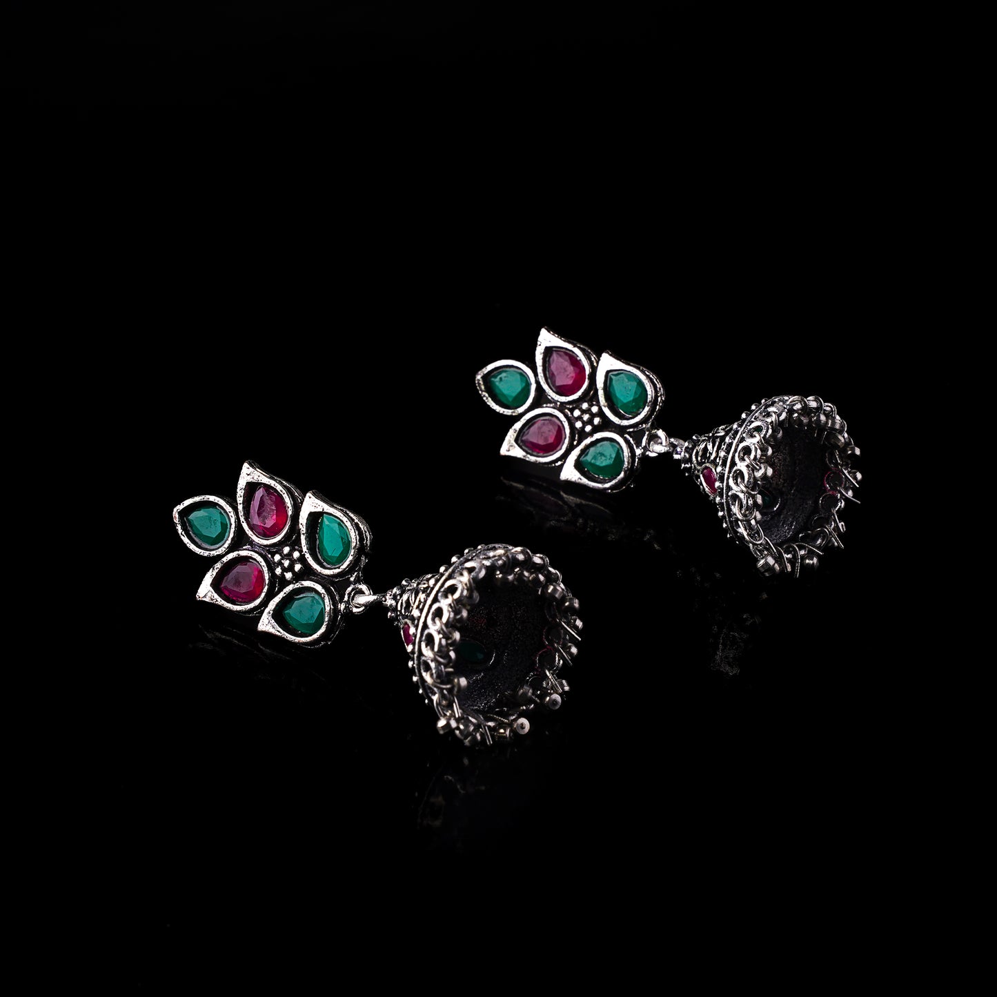 Multicolored Stone Studded Conical Oxidised Jhumki Earrings