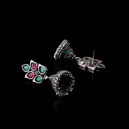 Multicolored Stone Studded Conical Oxidised Jhumki Earrings