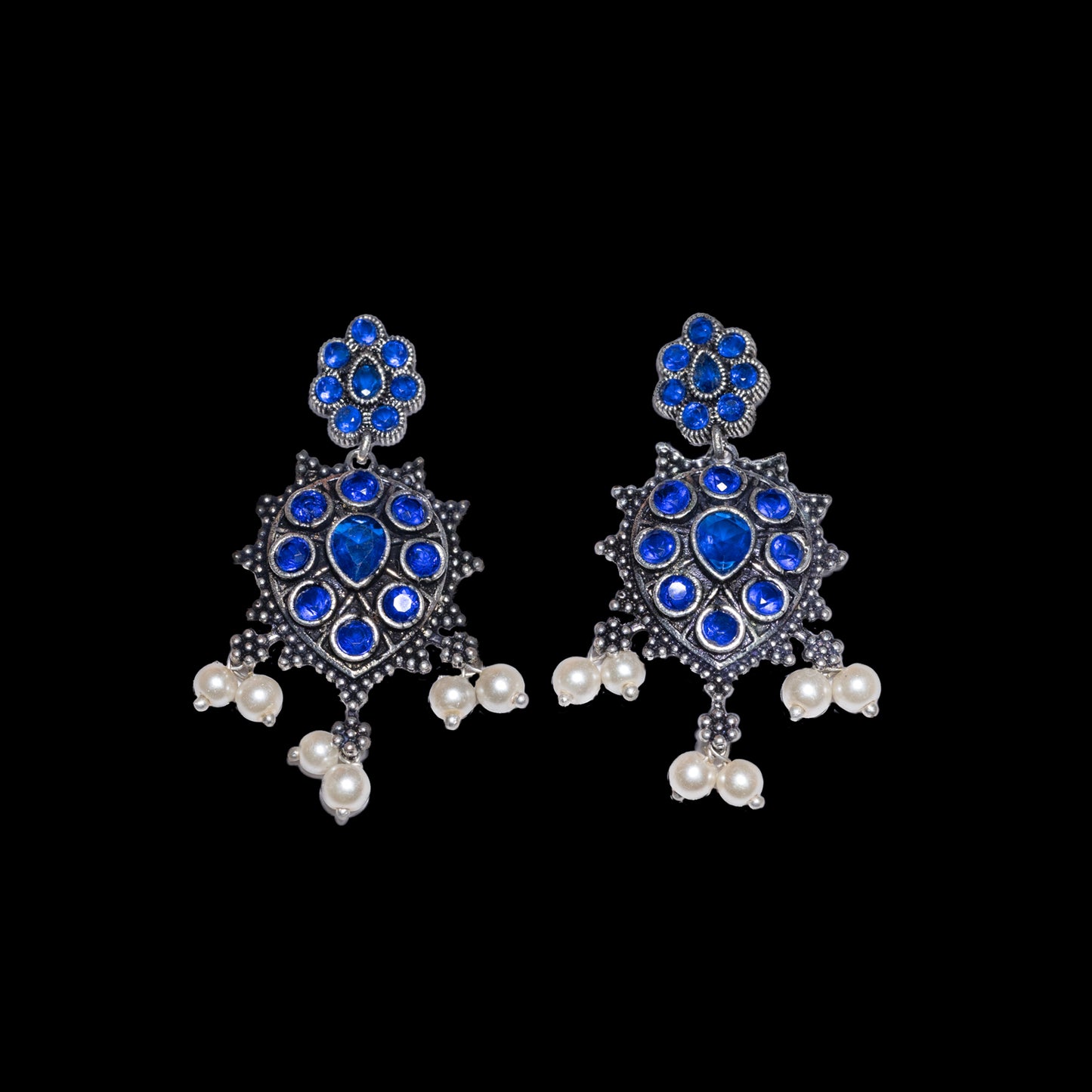 Blue Stone Studded German Silver Stud Earrings With Hanging Pearls