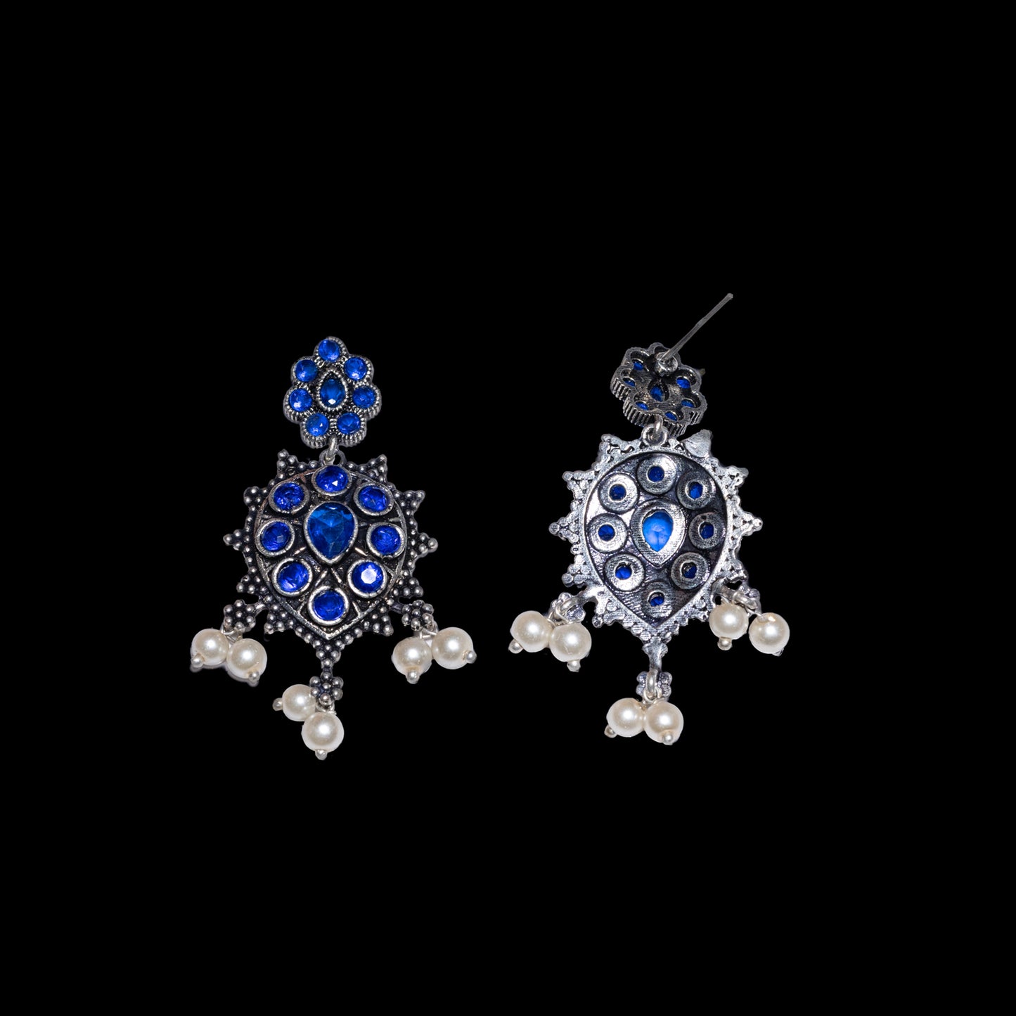 Blue Stone Studded German Silver Stud Earrings With Hanging Pearls