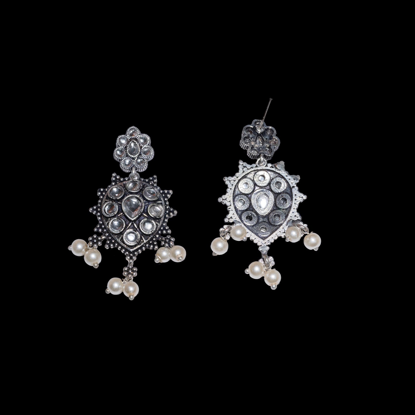 White Stone Studded German Silver Stud Earrings With Hanging Pearls