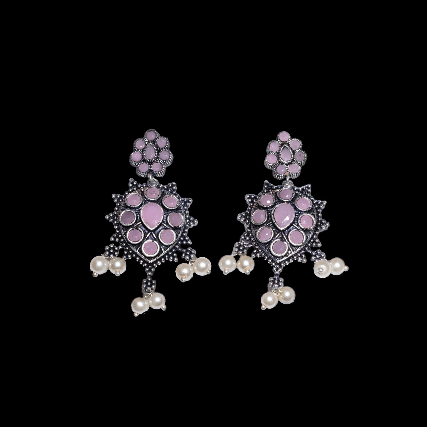 Baby Pink Stone Studded German Silver Stud Earrings With Hanging Pearls