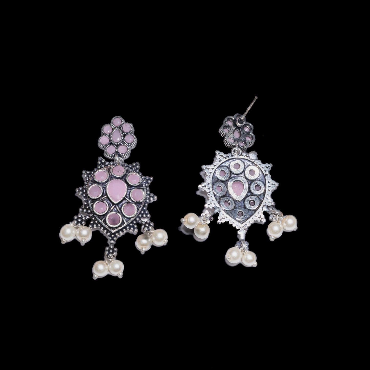 Baby Pink Stone Studded German Silver Stud Earrings With Hanging Pearls