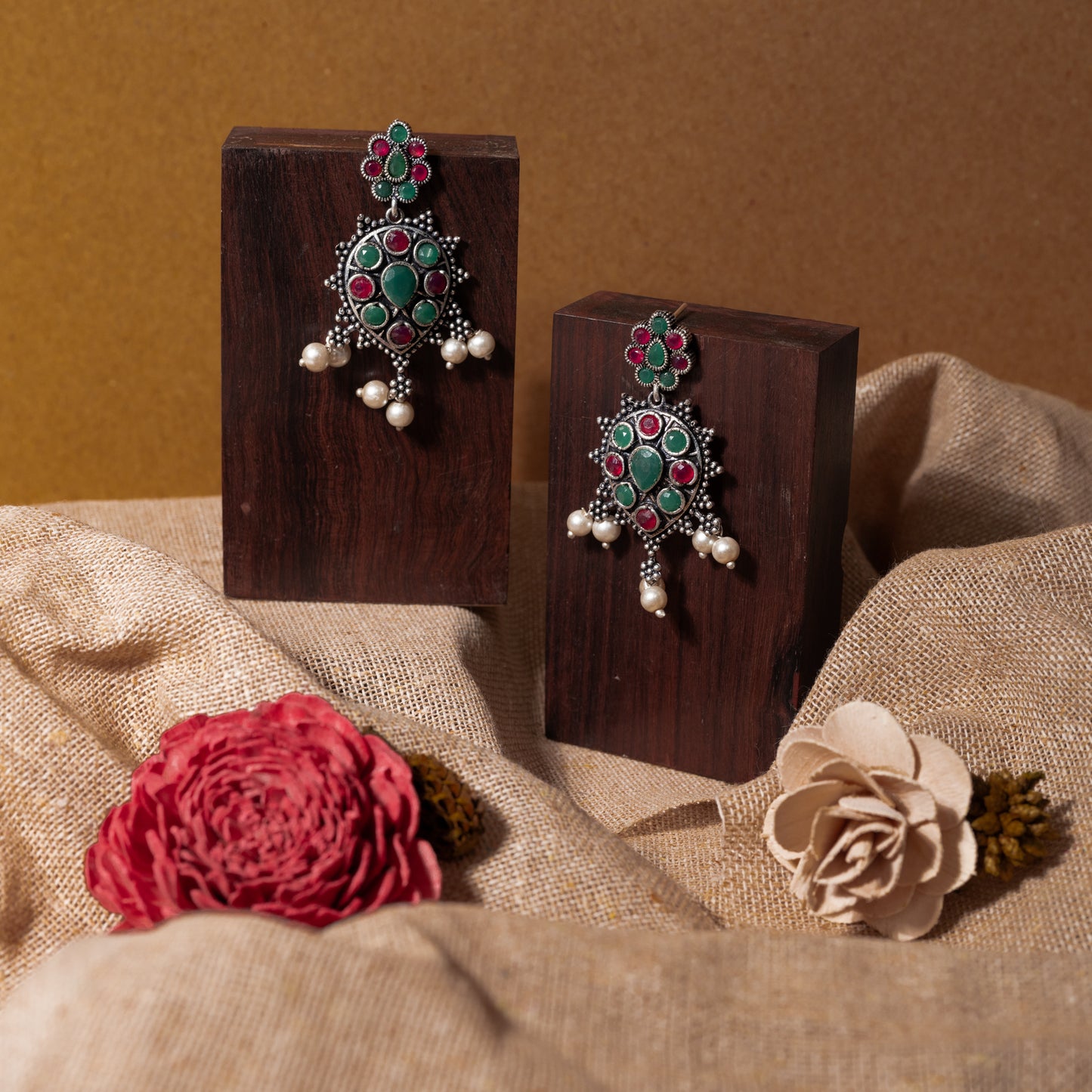 Multicolored Stone Studded German Silver Stud Earrings With Hanging Pearls