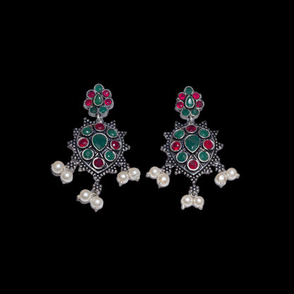 Multicolored Stone Studded German Silver Stud Earrings With Hanging Pearls