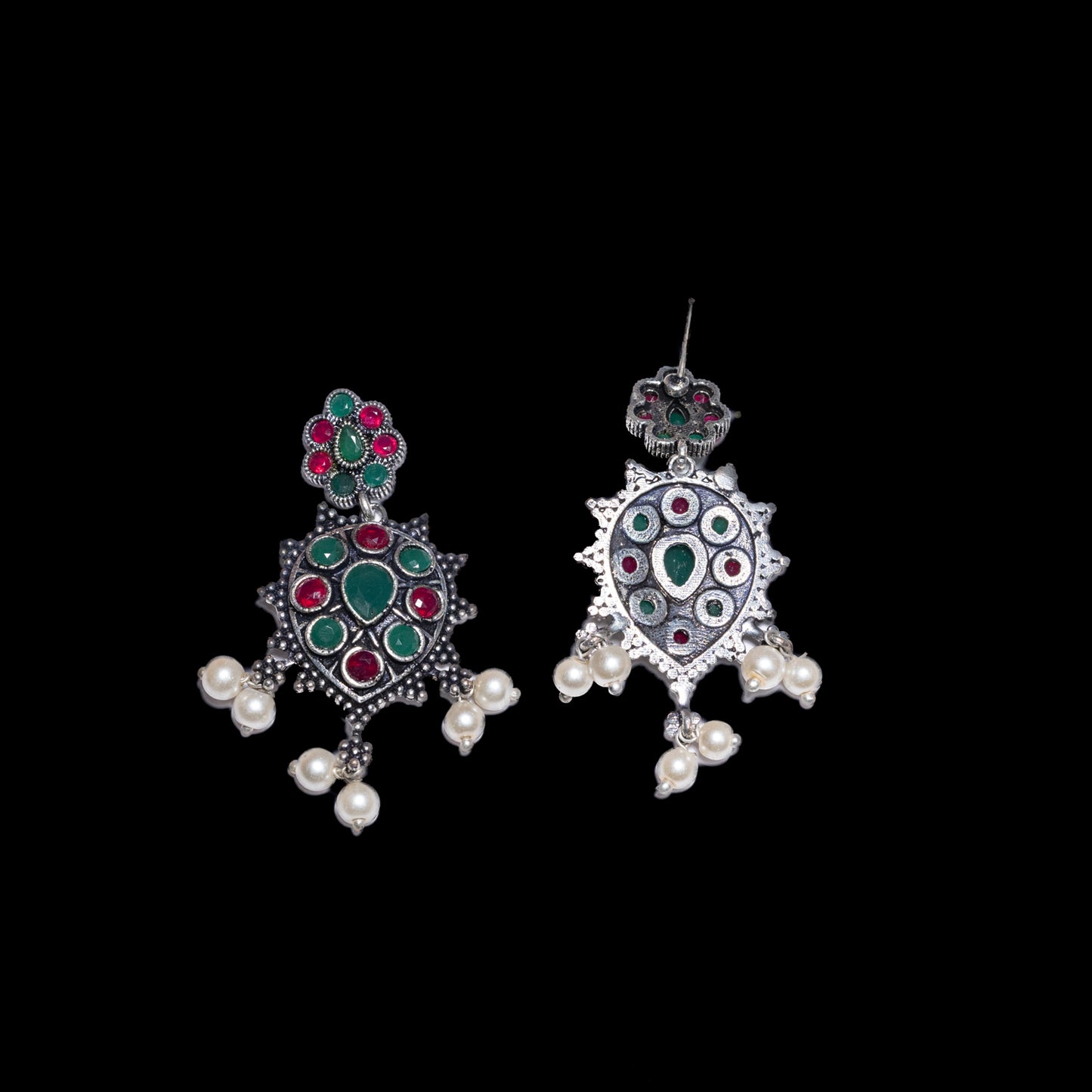 Multicolored Stone Studded German Silver Stud Earrings With Hanging Pearls