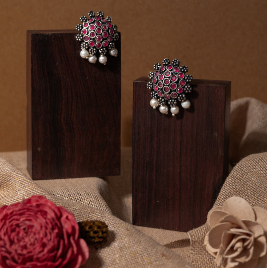 Red Stone Studded Oxidised Earrings With Hanging Pearls