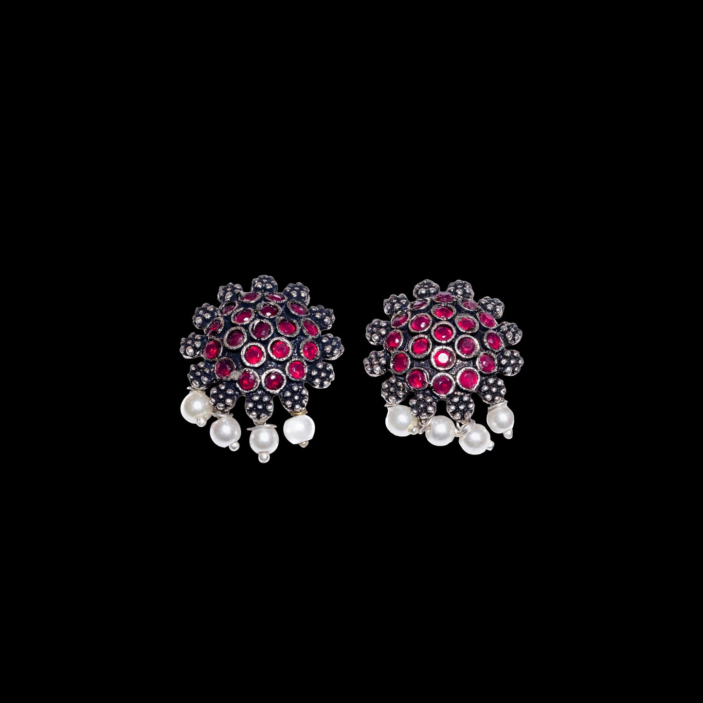 Red Stone Studded Oxidised Earrings With Hanging Pearls