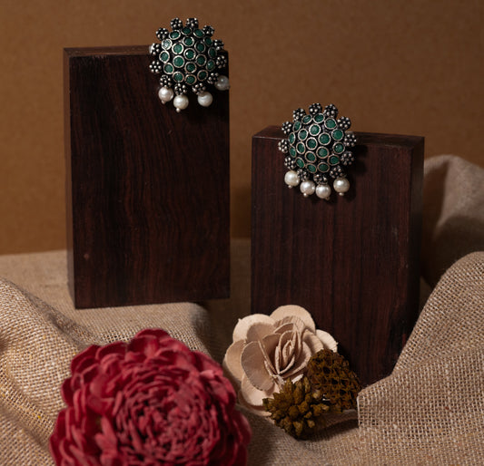 Green Stone Studded Oxidised Earrings With Hanging Pearls