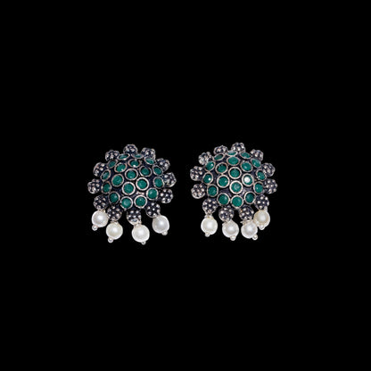 Green Stone Studded Oxidised Earrings With Hanging Pearls