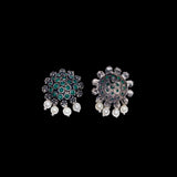 Green Stone Studded Oxidised Earrings With Hanging Pearls