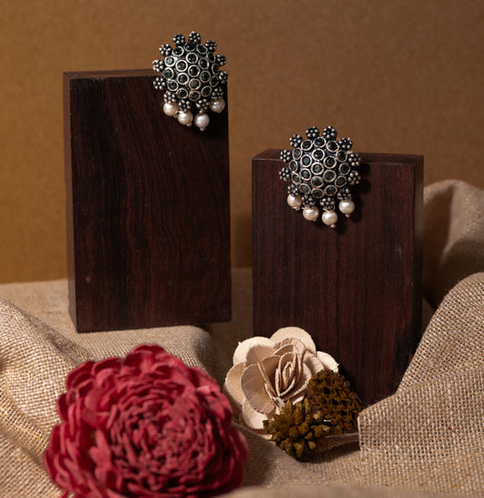 Black Stone Studded Oxidised Earrings With Hanging Pearls